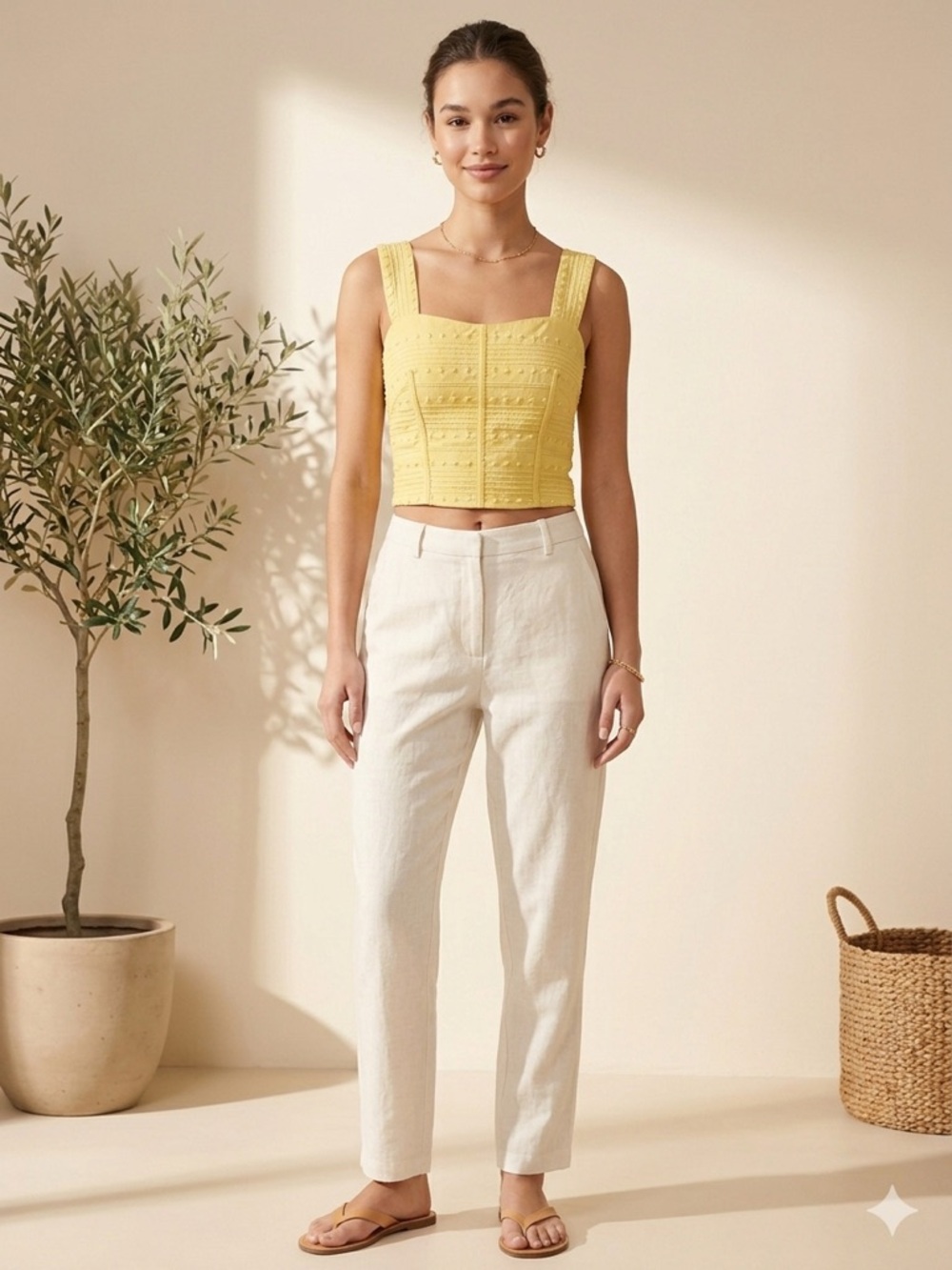 Avec Les Filles Yellow Textured Cropped Tank